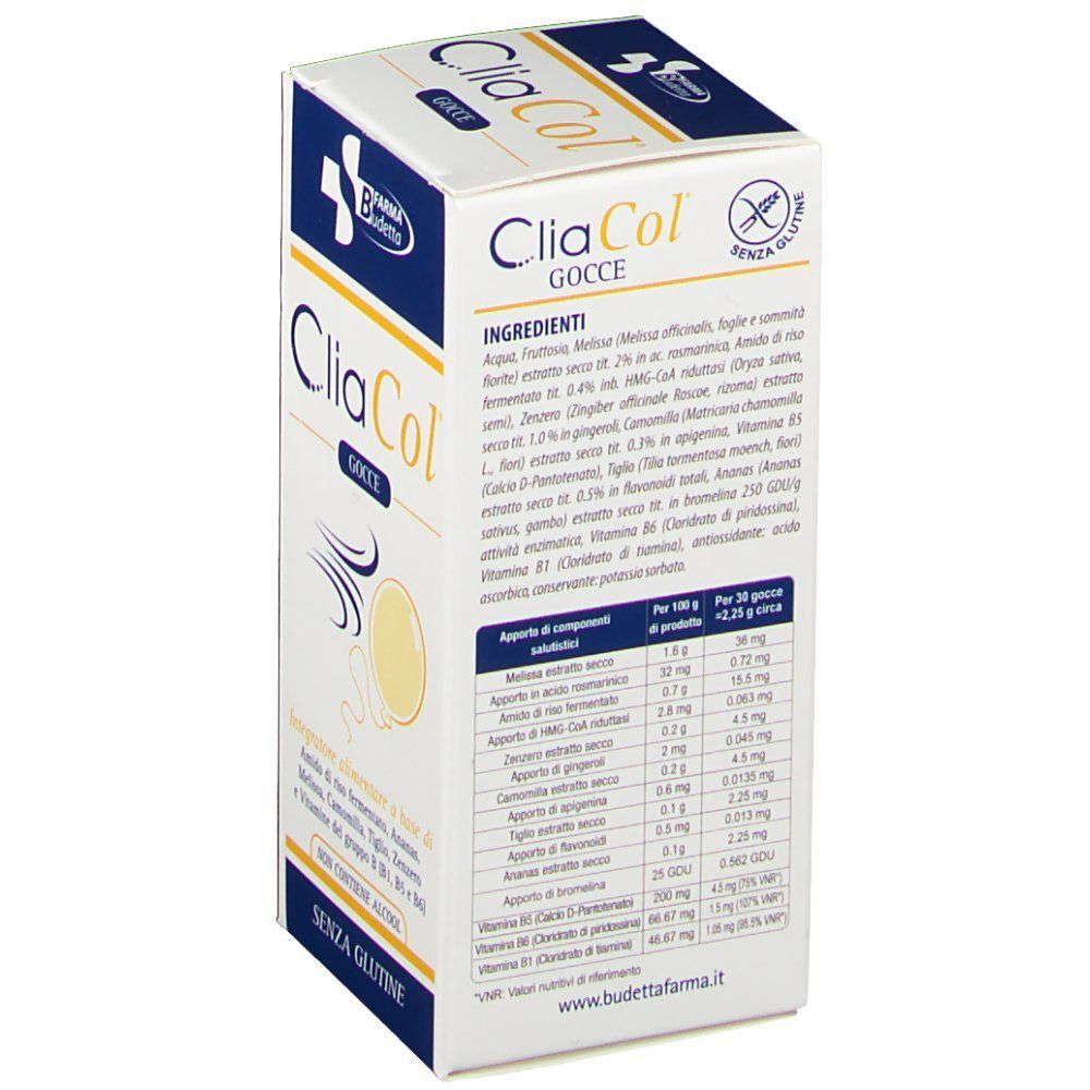 Retro di una confezione di Cliacol® Gocce con tabella nutrizionale e lista ingredienti.