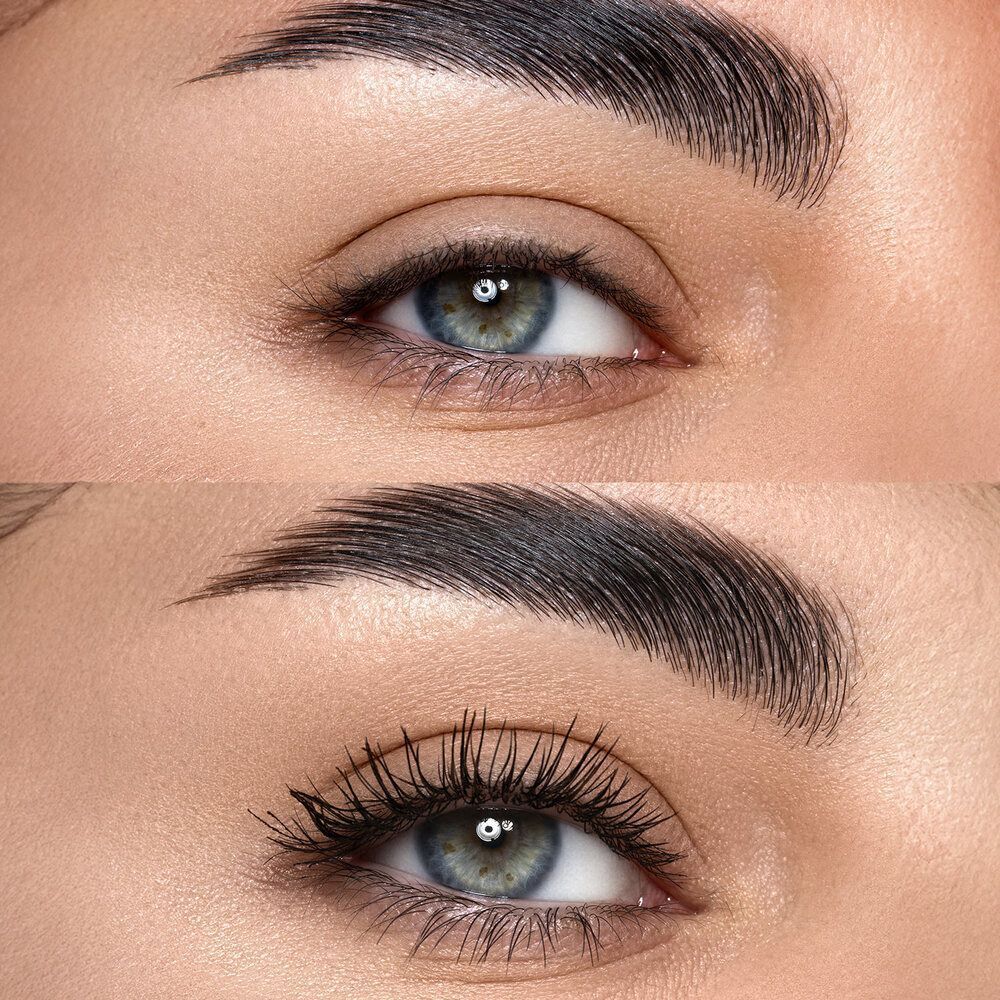 Confronto prima/dopo di un occhio con mascara. Mostra volume e lunghezza delle ciglia.
