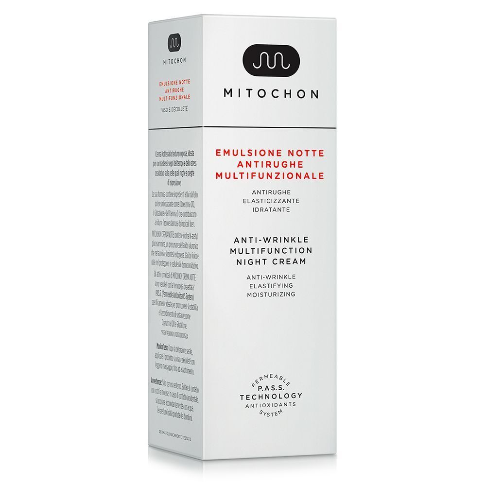 Confezione e flacone della crema notte multifunzionale antirughe Mitochon, aperti.
