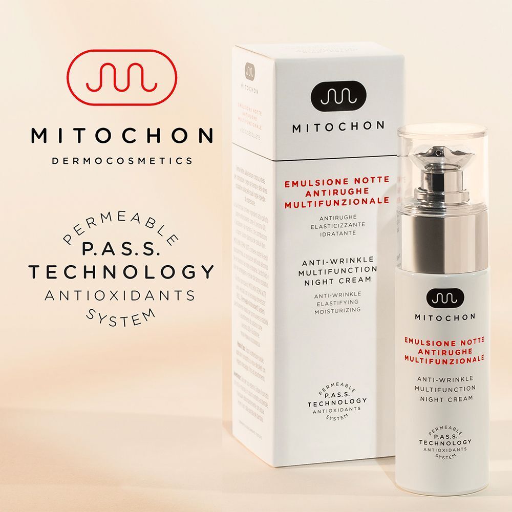 Logo Mitochon Dermocosmetics, confezione e flacone della crema notte multifunzionale.