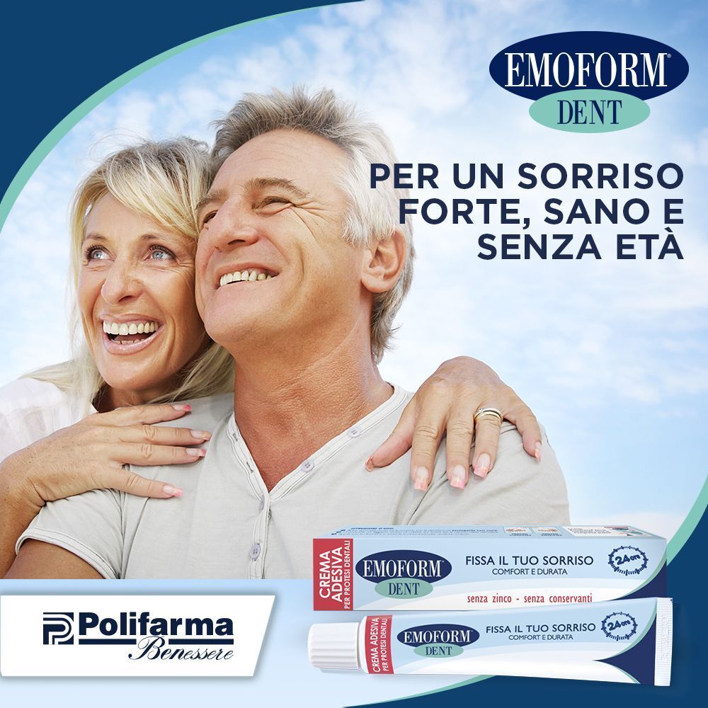 Coppia anziana sorridente, crema adesiva EMOFORM DENT e logo Polifarma Benessere.
