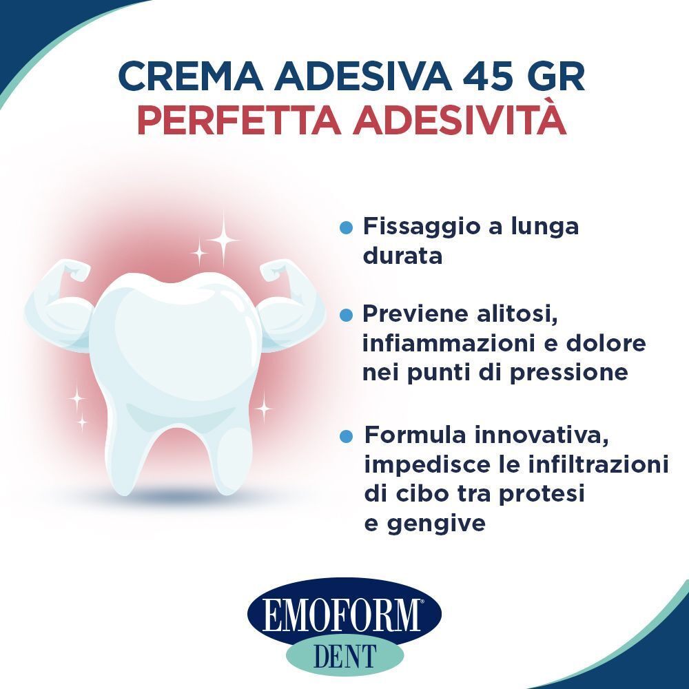 Illustrazione di un dente con braccia muscolose, vantaggi crema adesiva EMOFORM DENT.