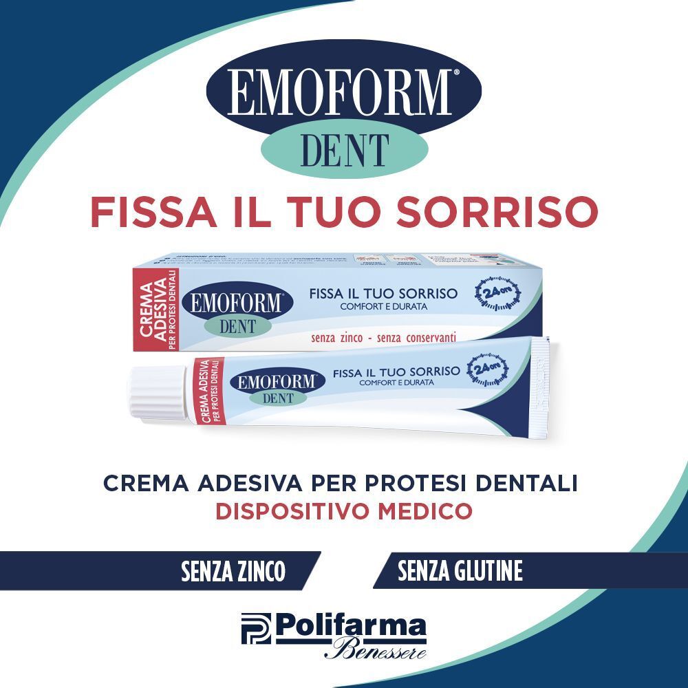 Tubetto e scatola crema adesiva EMOFORM DENT, testo "Fissa il tuo sorriso".