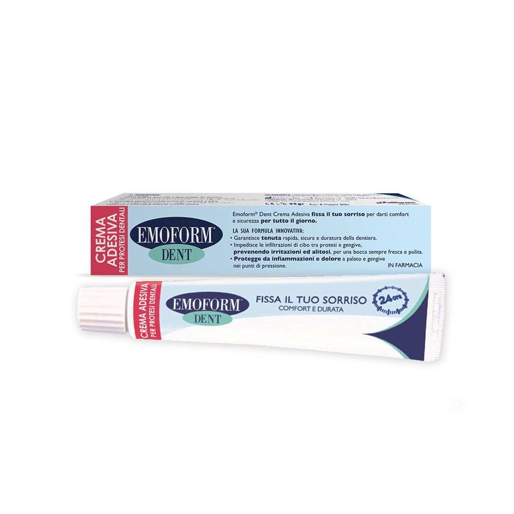 Tubetto e scatola crema adesiva EMOFORM DENT con informazioni sul prodotto.
