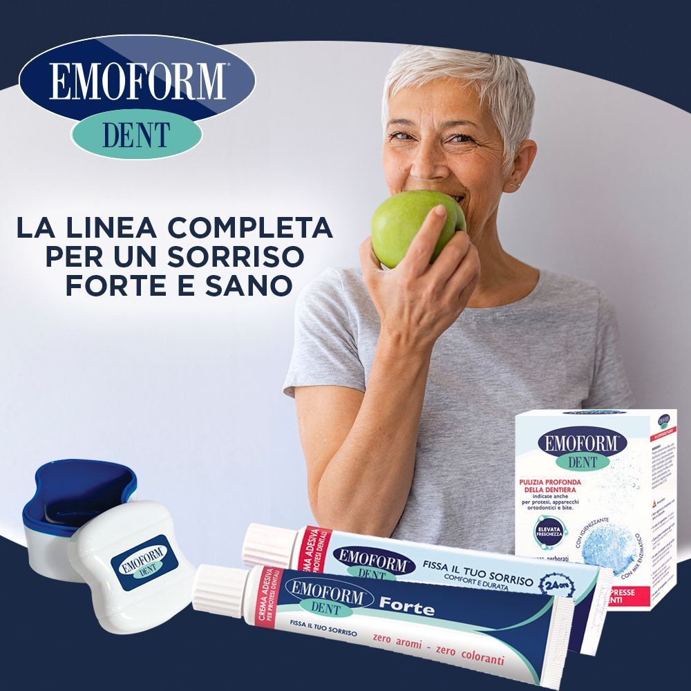 Donna mangia mela. EMOFORM DENT Crema adesiva, gel adesivo e pastiglie pulenti.