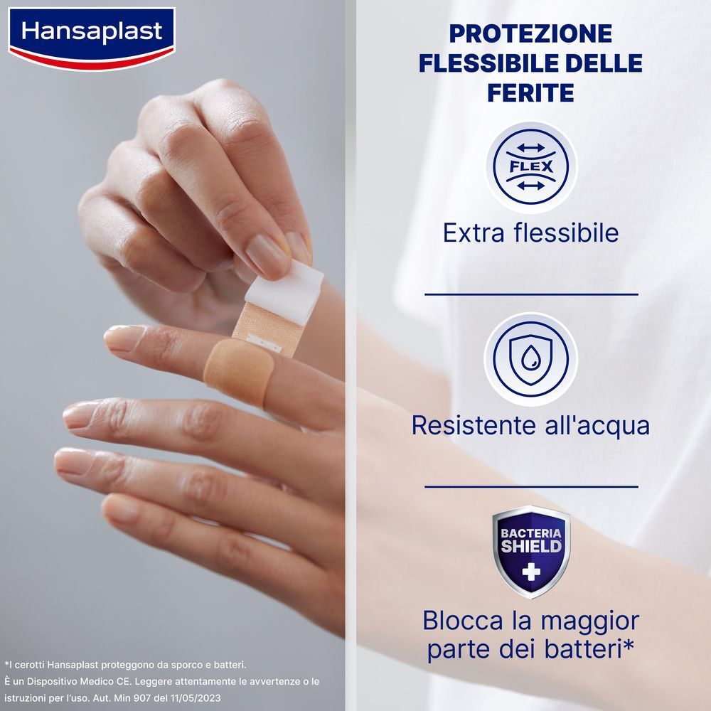 Applicazione cerotti Hansaplast: extra flessibile, resistente all'acqua, blocca batteri.