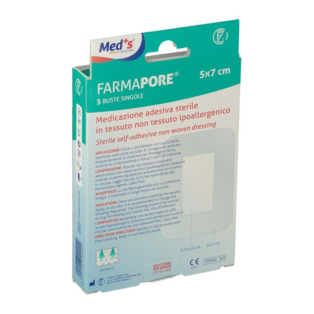 Confezione di medicazioni sterili Meds Farmapore 5x7 cm, fronte con informazioni sul prodotto e marchio CE.