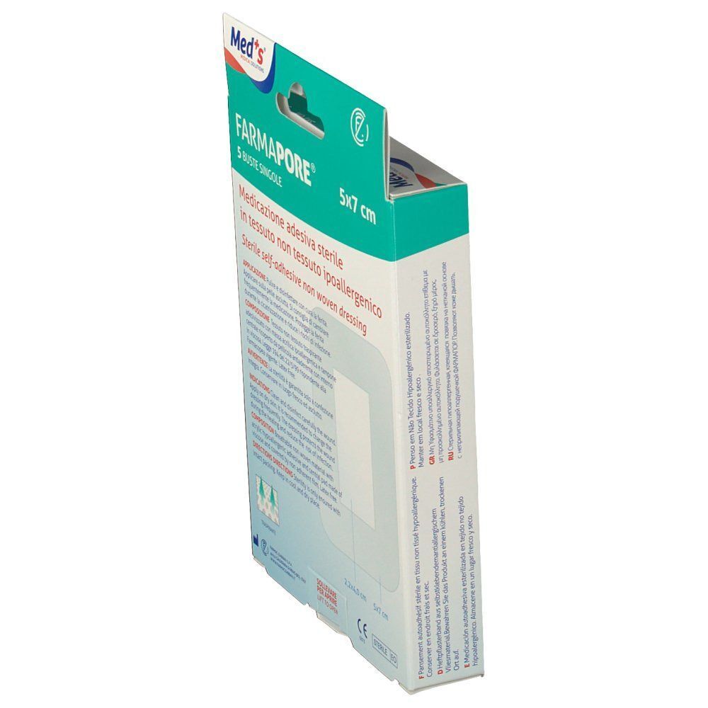 Confezione di medicazioni sterili Meds Farmapore 5x7 cm, retro con istruzioni per l'uso e caratteristiche del prodotto.