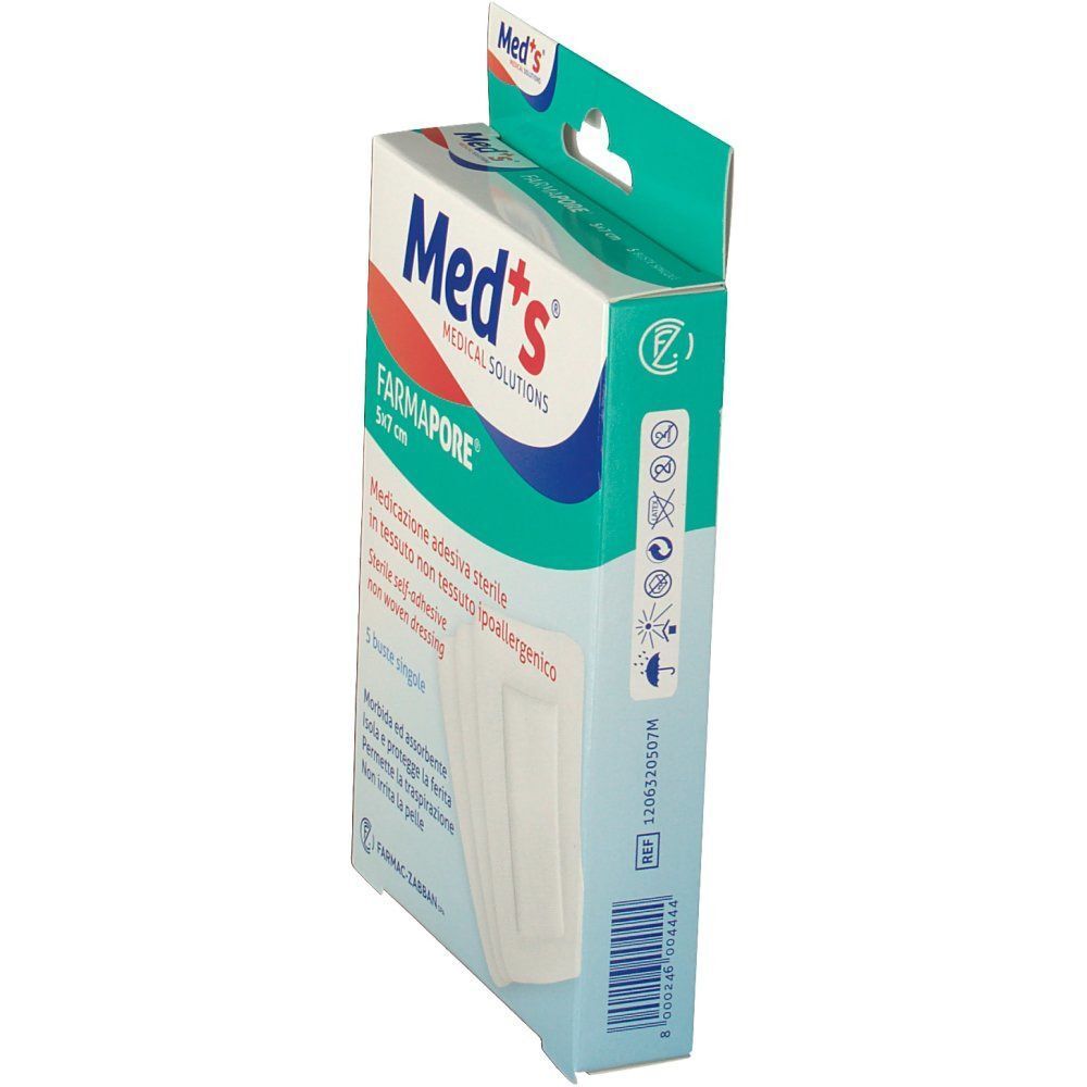 Lato della confezione Med's Farmapore medicazione sterile 5x7 cm con simboli applicativi.