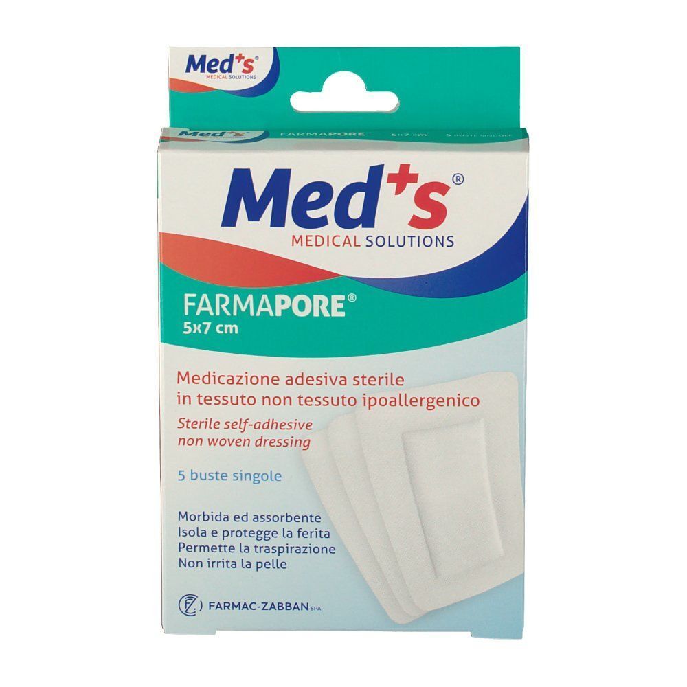 Fronte della confezione Med's Farmapore medicazione sterile 5x7 cm, mostra una compressa.