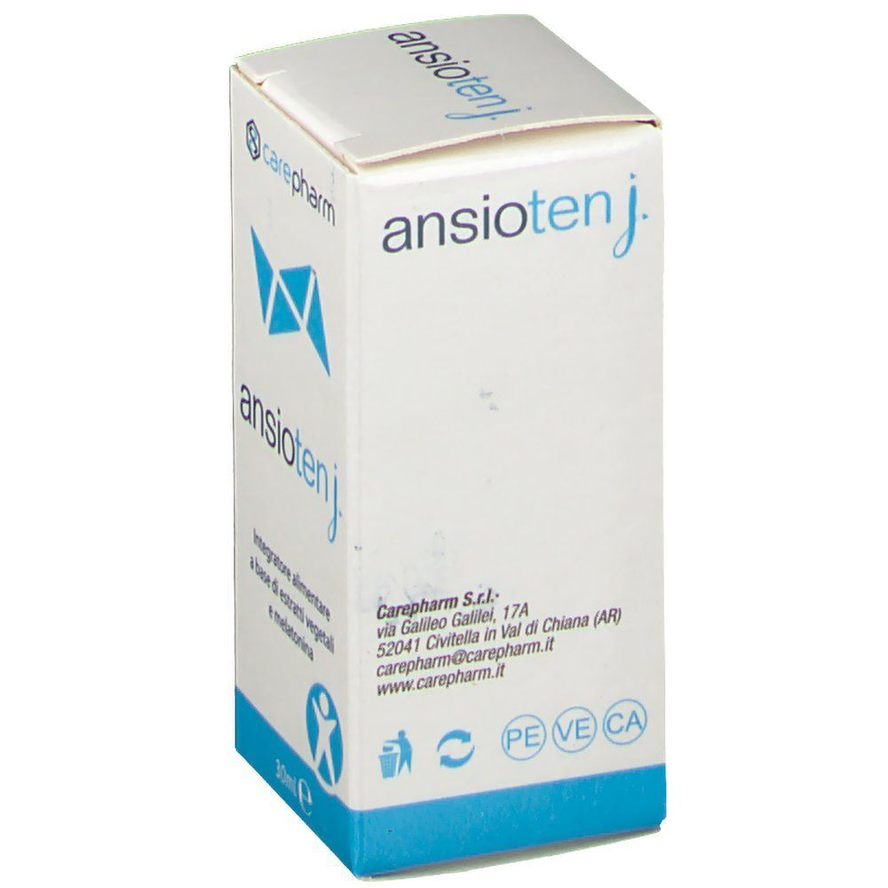 Scatola Ansioten Junior, 30ml. Retro con informazioni del produttore e simboli di riciclo.