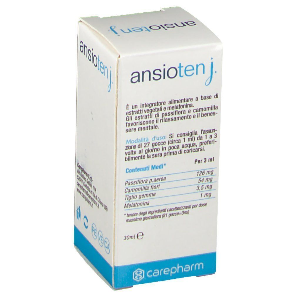 Scatola Ansioten Junior, 30ml. Lato con ingredienti e modalità d'uso.