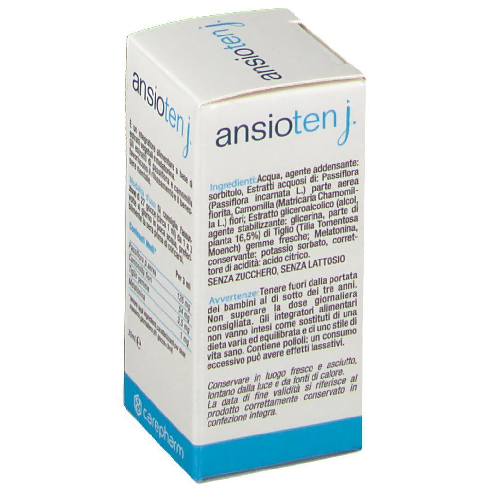 Scatola Ansioten Junior, 30ml. Retro con ingredienti dettagliati, avvertenze e conservazione.