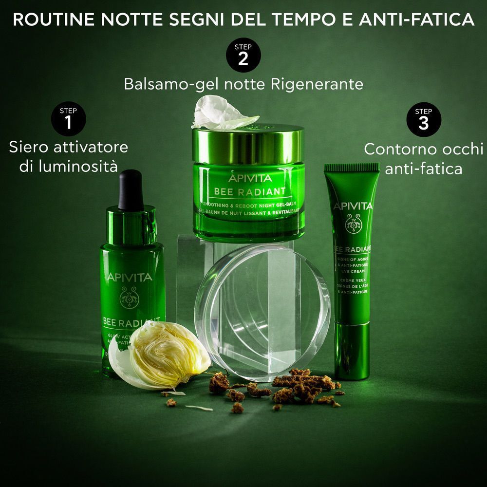 Routine notte Apivita Bee Radiant: siero, balsamo-gel rigenerante e contorno occhi.