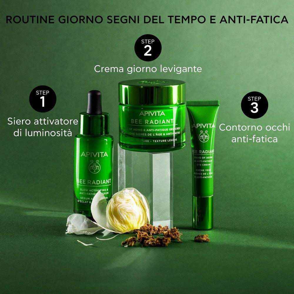 Routine giorno Apivita Bee Radiant: siero, crema giorno e contorno occhi con peonia.