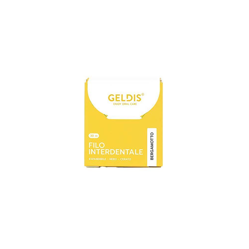 Una confezione di filo interdentale GELDIS al bergamotto, fronte giallo con simbolo di bocca.