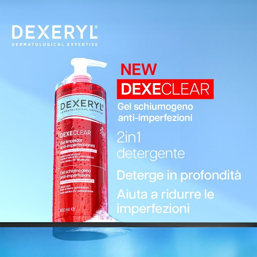 Flacone rosso Dexeryl Dexeclear Gel anti-imperfezioni con schiuma.