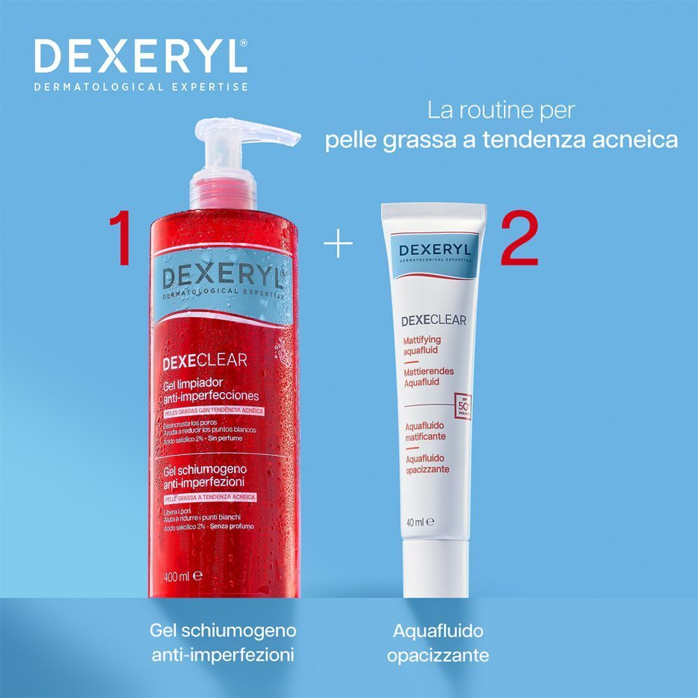 Un flacone rosso con pompa Dexeryl Dexeclear Gel e un tubetto bianco Aquafuid su sfondo blu.