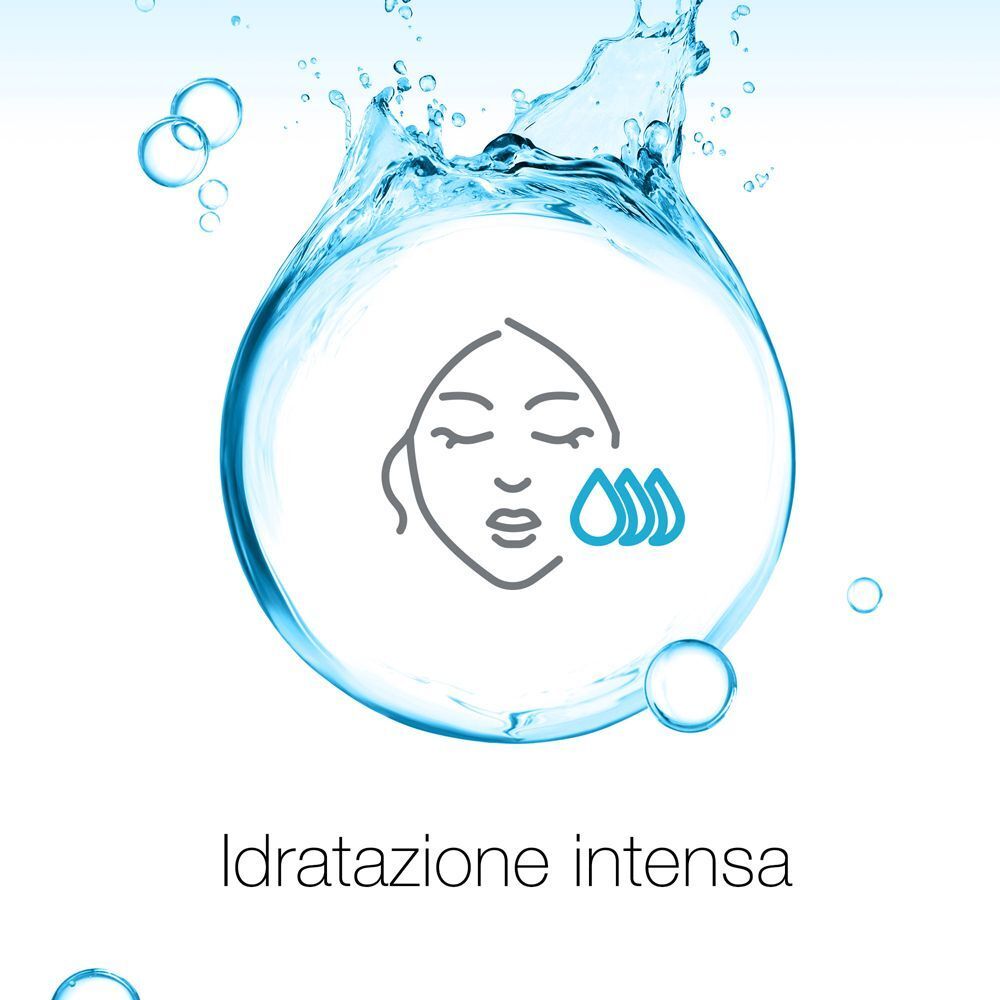 Icona: viso con gocce d'acqua. Testo: Idratante intenso.