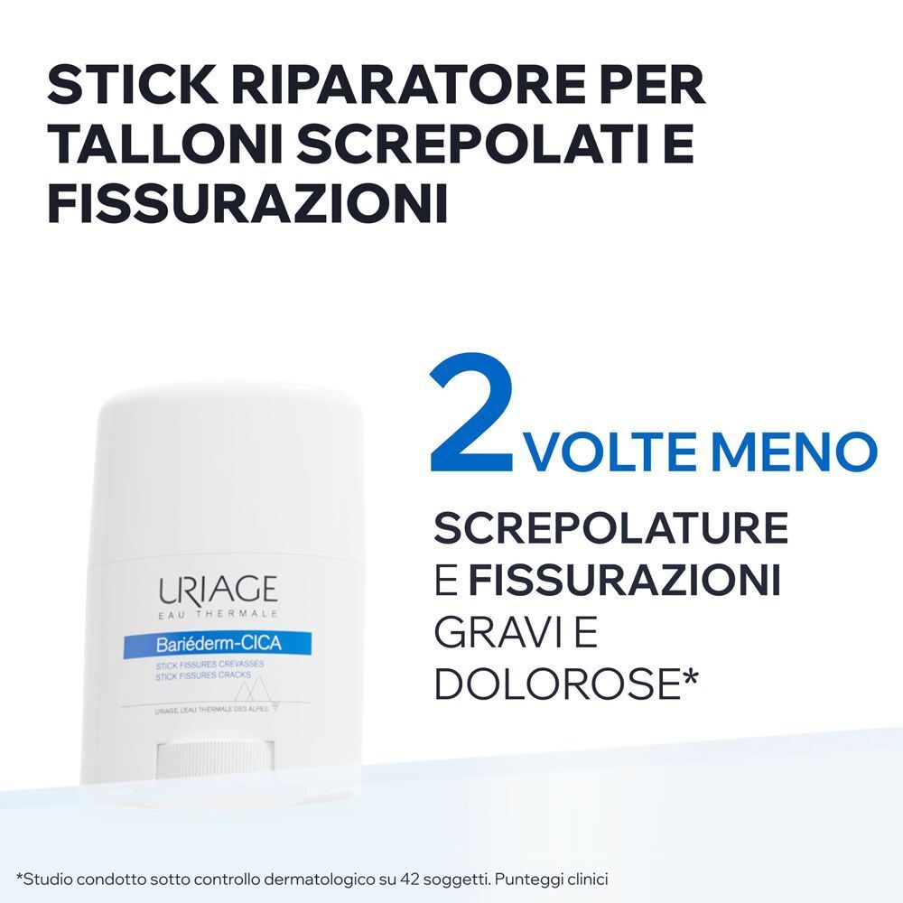 Uno stick riparatore bianco URIAGE BARIEDERM-CICA accanto a testo che indica una riduzione delle screpolature.