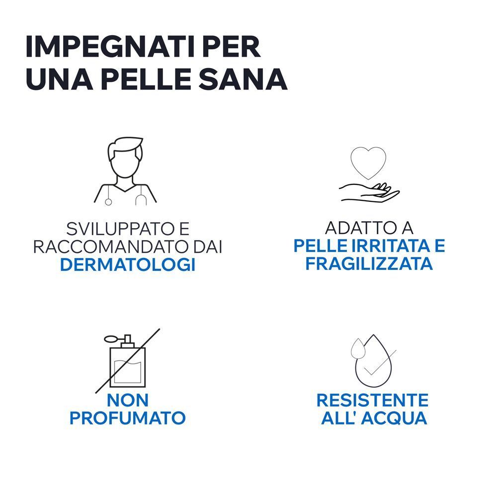 Icone che mostrano il prodotto sviluppato da dermatologi, adatto a pelli sensibili e resistente all'acqua.