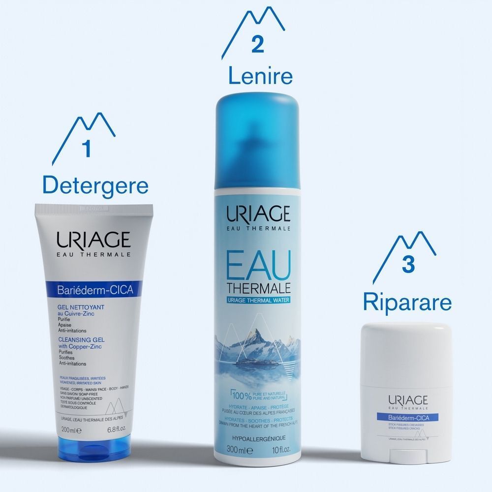 Tre prodotti URIAGE: gel detergente, acqua termale e stick riparatore BARIEDERM-CICA.