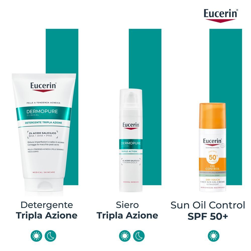 Linea Eucerin Dermopure: Detergente, Siero e Sun Oil Control SPF 50+.