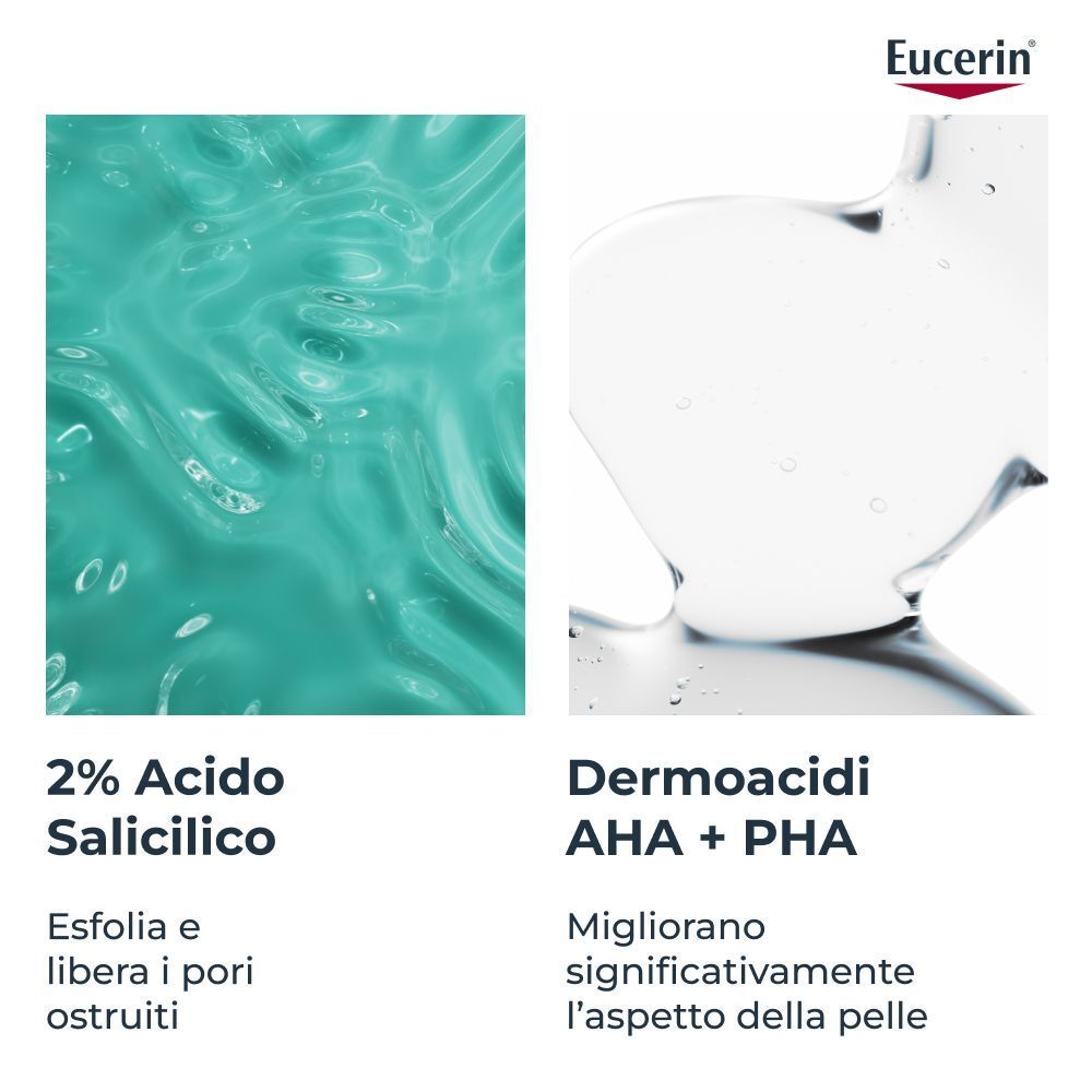 Eucerin Dermopure: Acido Salicilico 2% e DermoAcidi AHA+PHA per pori liberi.