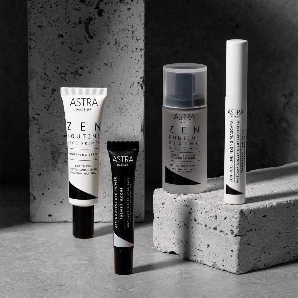 Prodotti ASTRA Make-UP Zen Routine: Face Primer, Eye Primer, Fixing Spray, Mascara.