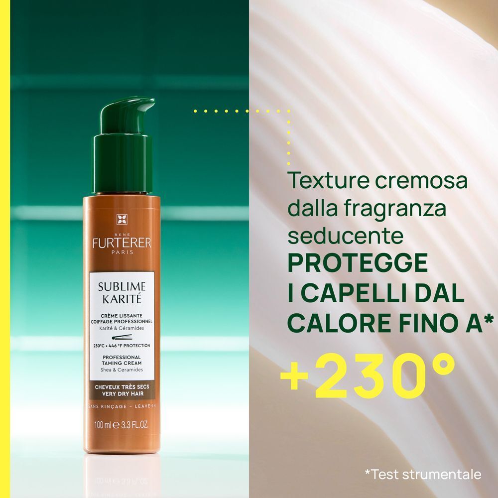 Flacone di crema lisciante René Furterer Sublime Karité con dispenser a pompa, primo piano.