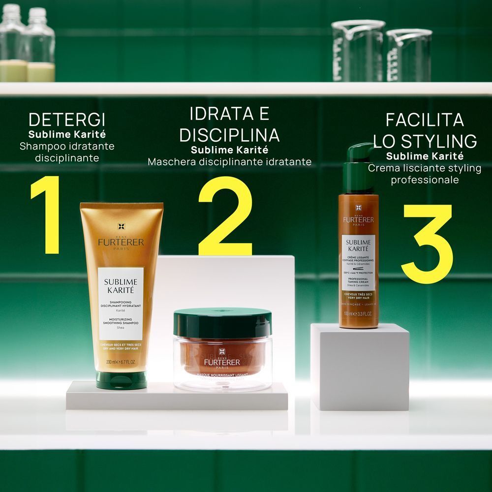Shampoo, maschera e crema lisciante René Furterer Sublime Karité su uno scaffale.