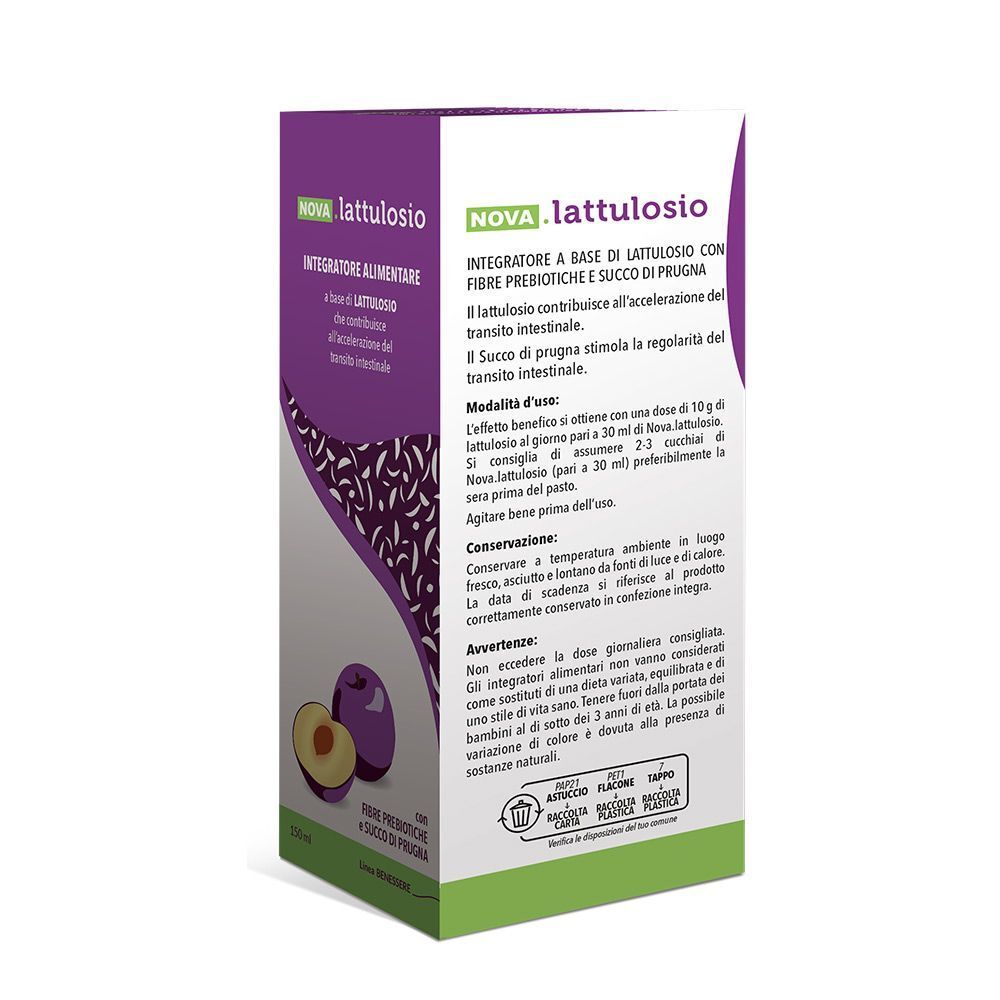 Una confezione di NOVA.lattulosio, integratore alimentare con fibre prebiotiche e succo di prugna. Retro con informazioni.