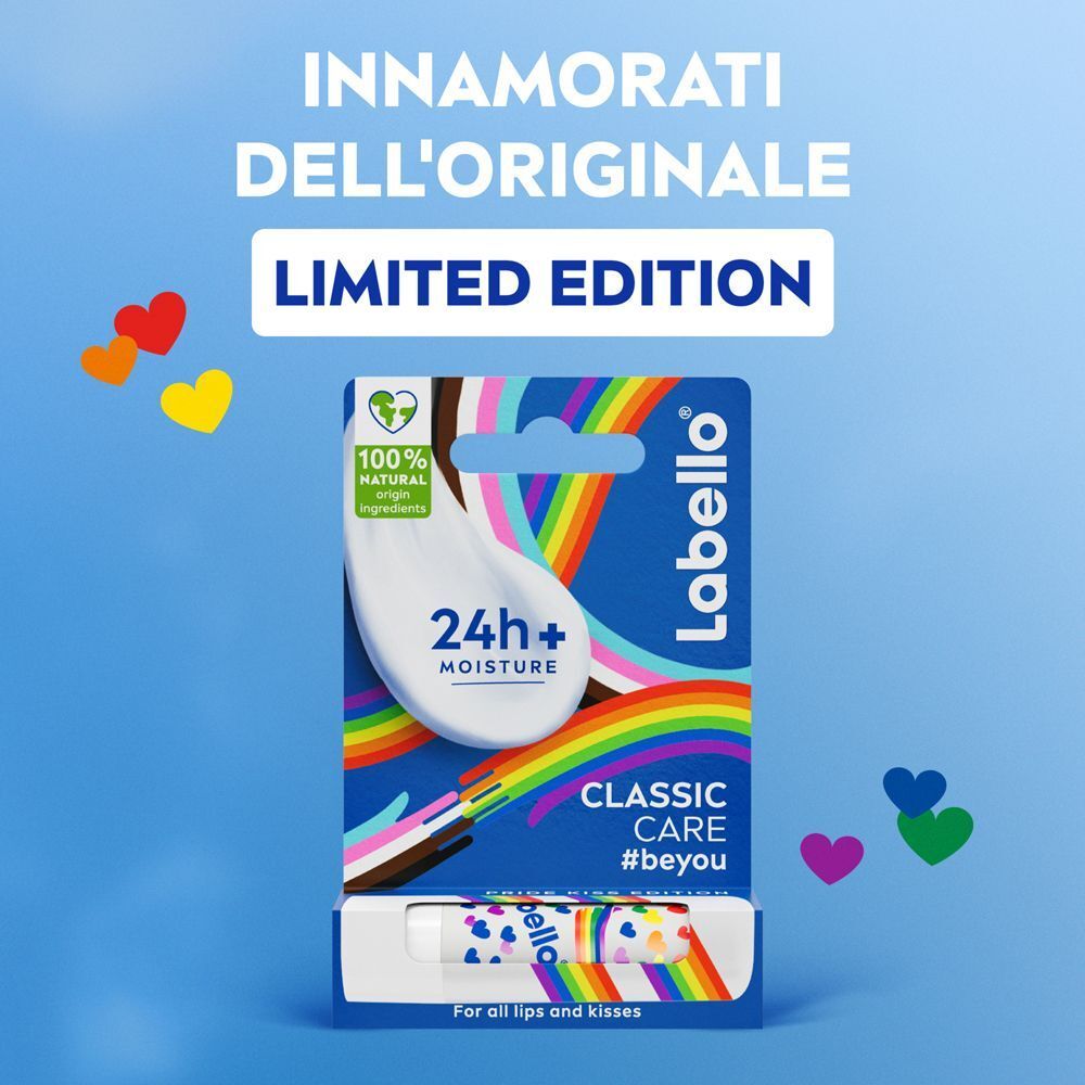 Balsamo Labbra Labello Classic Care Pride Limited Edition con design arcobaleno e cuori.