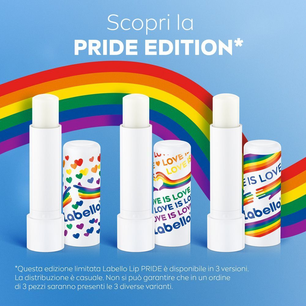 Tre balsami Labbra Labello Classic Care Pride Limited Edition in diverse versioni.