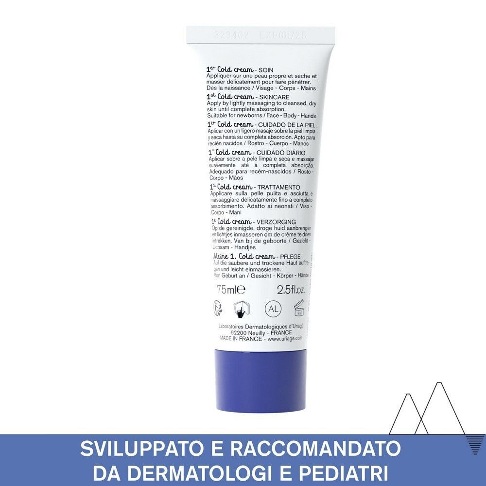 Retro di un tubo URIAGE BEBE 1ère Cold Cream con istruzioni per l'uso.