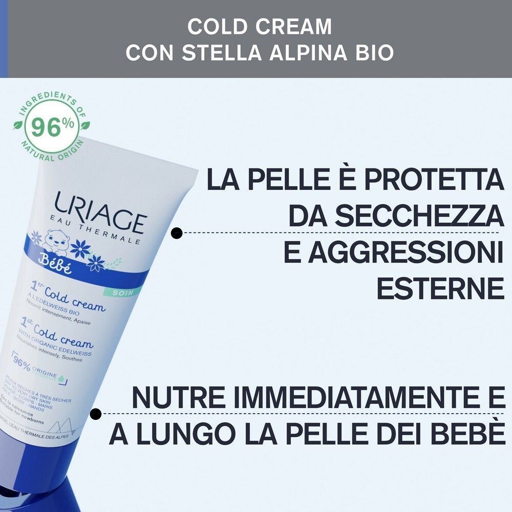Tubo di URIAGE BEBE 1ère Cold Cream con indicazione del 96% di ingredienti naturali.