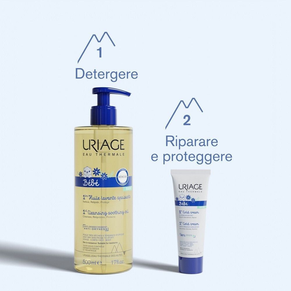 Olio lavante URIAGE BEBE e tubo 1ère Cold Cream uno accanto all'altro.