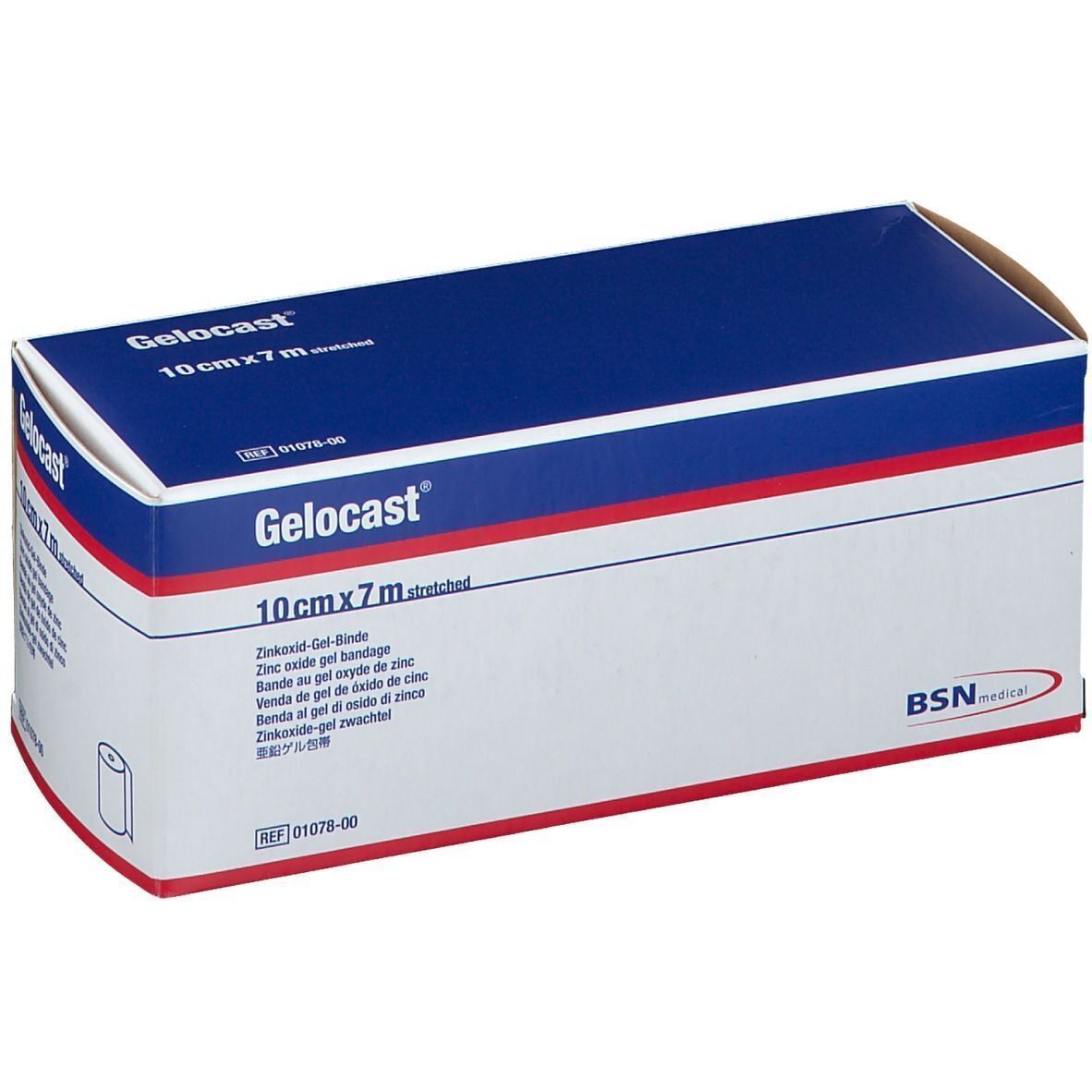 Una confezione di bende in tessuto di ossido di zinco Gelocast, 10 cm x 7 m, con logo BSN medical.