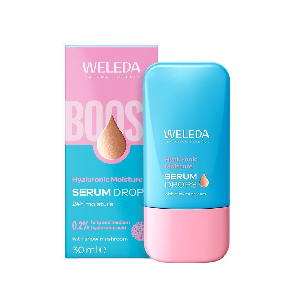 Un flacone blu e rosa di Weleda Hyaluronic Moisture Serum Drops accanto a una confezione.