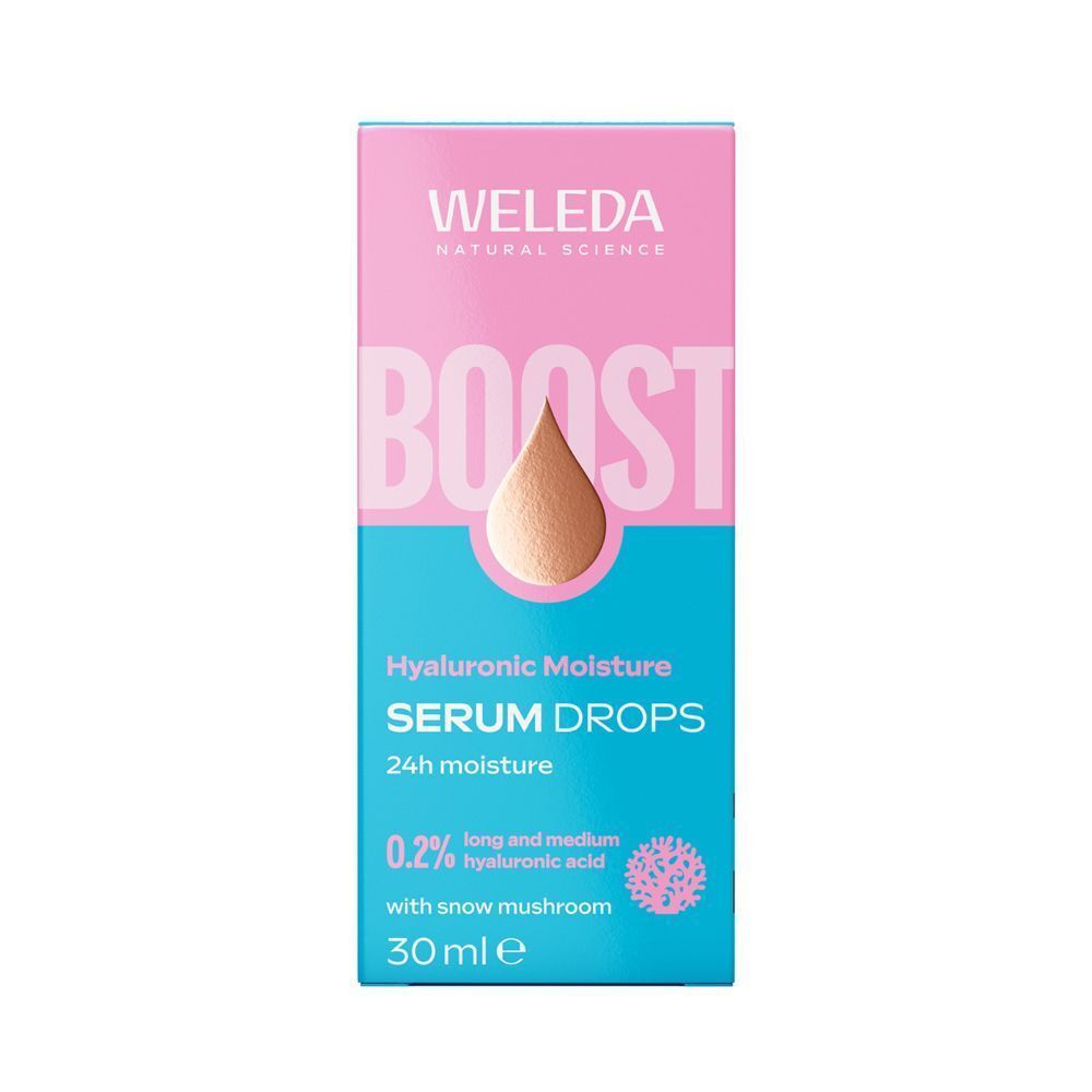 Confezione di Weleda Hyaluronic Moisture Serum Drops con informazioni sul prodotto.