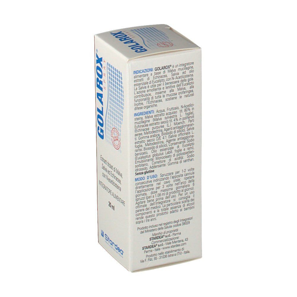 Lato di una confezione di Golarox® Spray, 20 ml. Elenca ingredienti e istruzioni per l'uso.