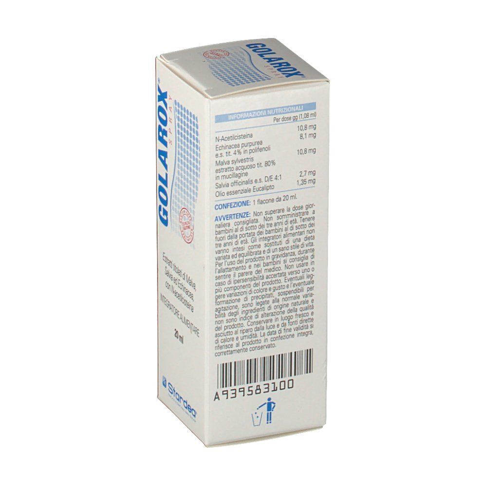 Retro di una confezione di Golarox® Spray con informazioni nutrizionali e istruzioni per l'uso.
