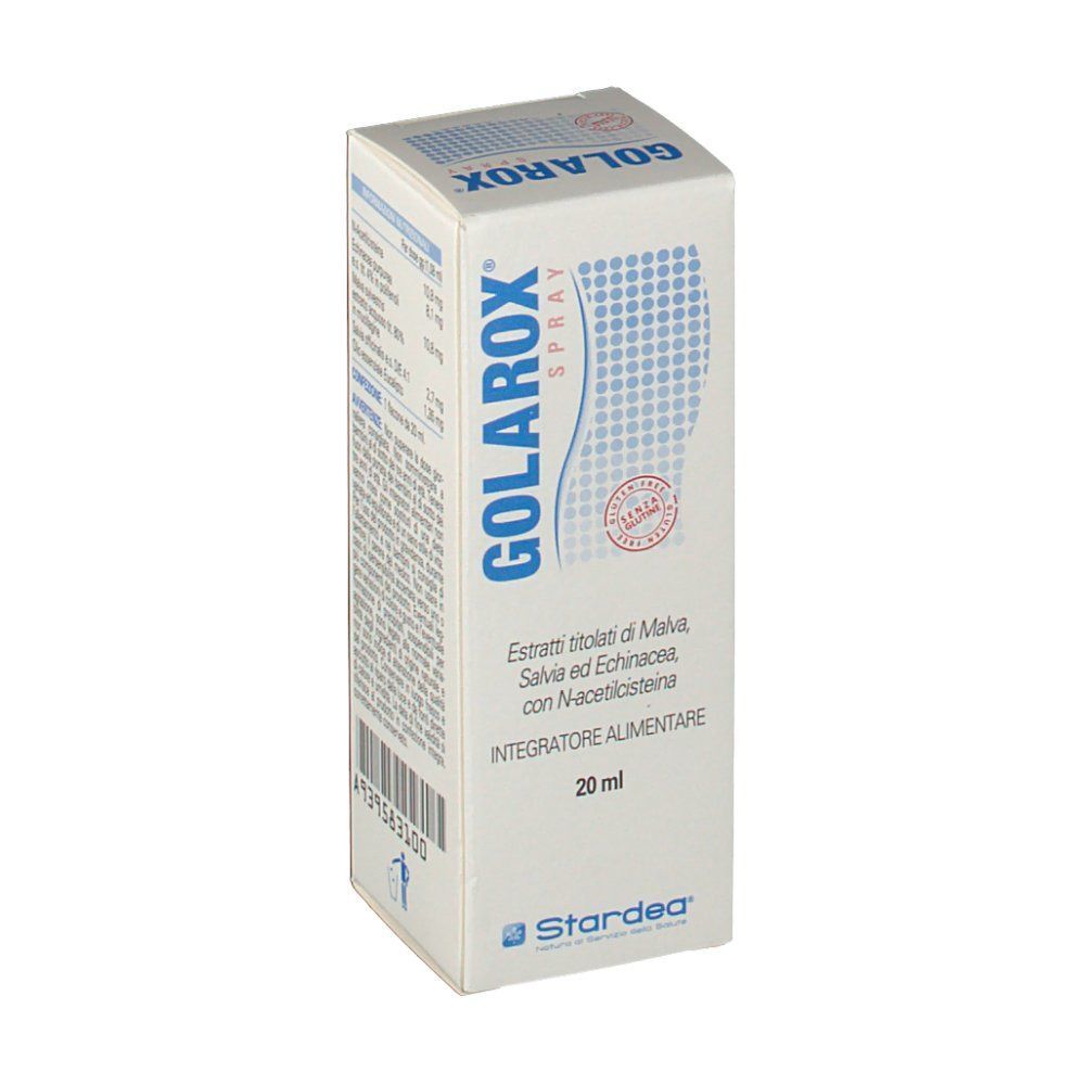 Una confezione di Golarox® Spray, 20 ml, di lato con informazioni nutrizionali e istruzioni per l'uso.
