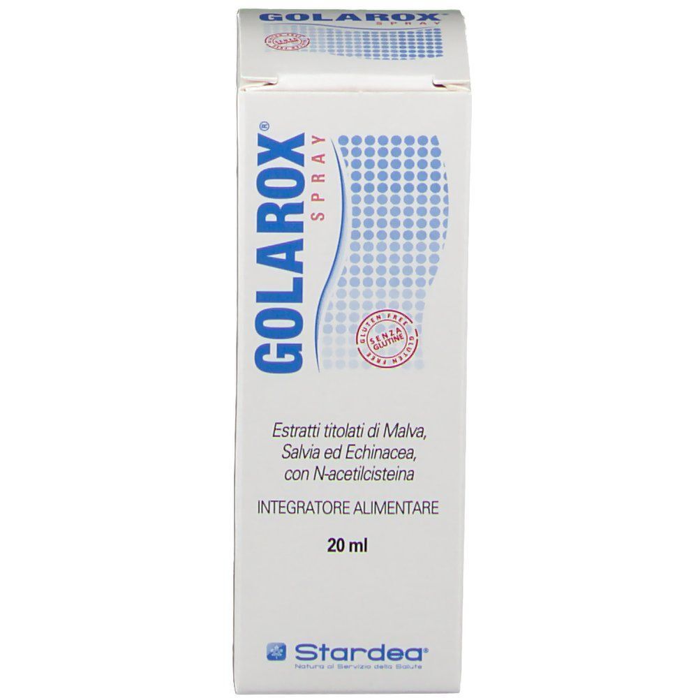 Fronte di una confezione di Golarox® Spray, 20 ml, con informazioni sul prodotto e logo Stardea.