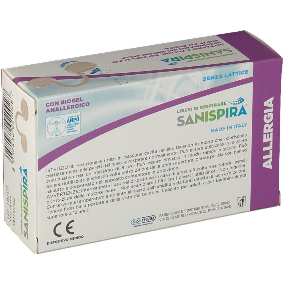 Retro della confezione Sanispira Allergia M con marchio CE e istruzioni per l'uso.
