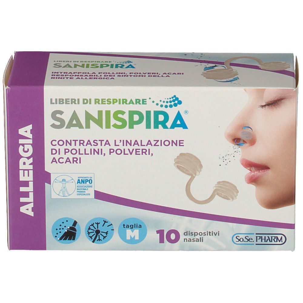 Confezione Sanispira Allergia, taglia M, 10 dispositivi nasali. Mostra un profilo nasale e filtri.