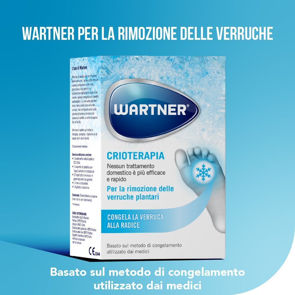 Wartner® Trattamento Anti-Verruche Piedi: fronte della confezione con nome del marchio e istruzioni.