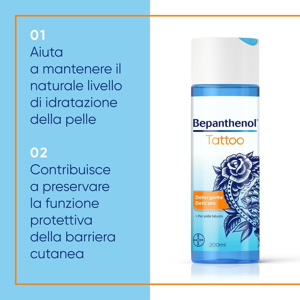 Bepanthenol Tattoo Detergente: Aiuta a mantenere idratazione e barriera protettiva della pelle.