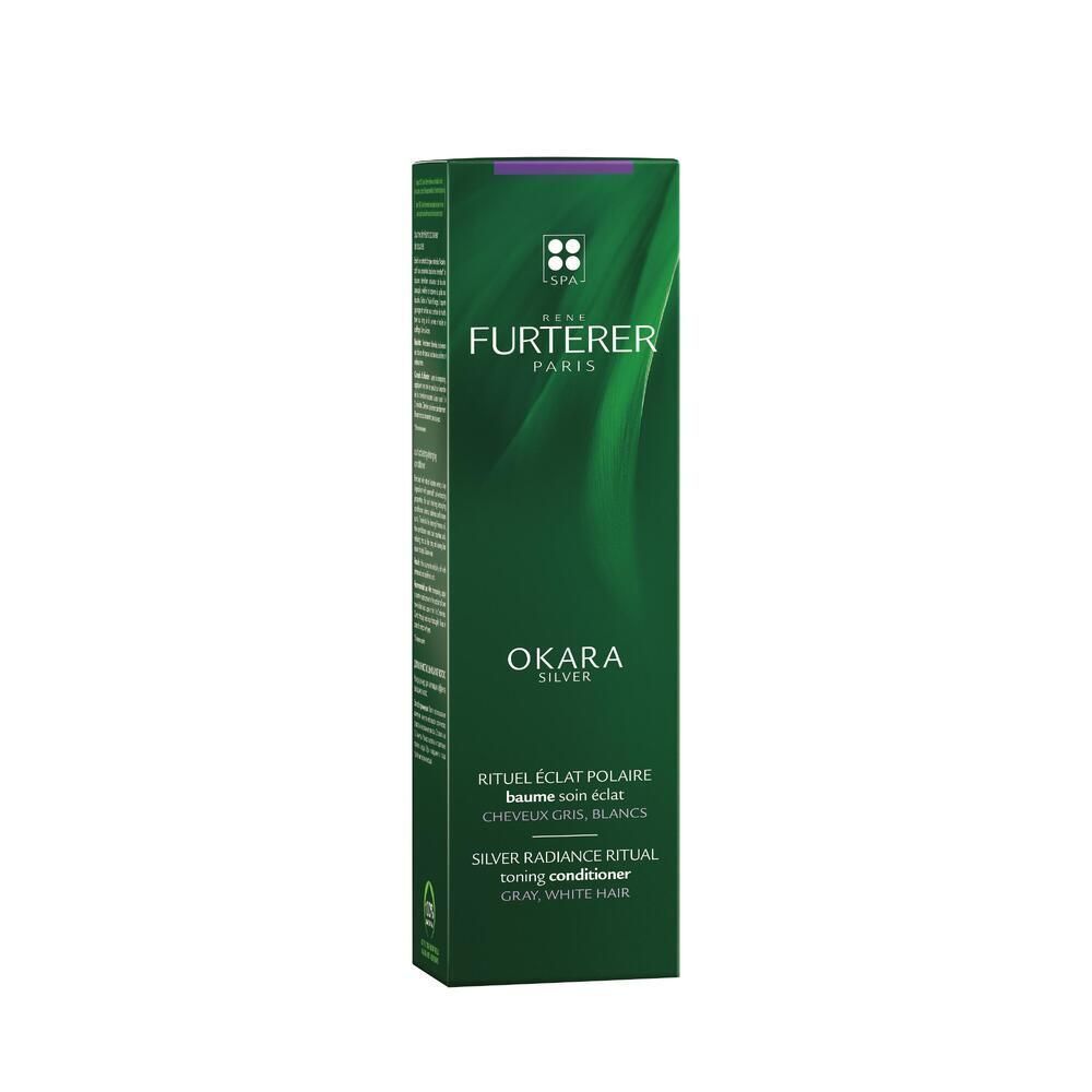 Confezione verde di René Furterer Okara Silver Toning Conditioner per capelli bianchi, grigi o biondi.