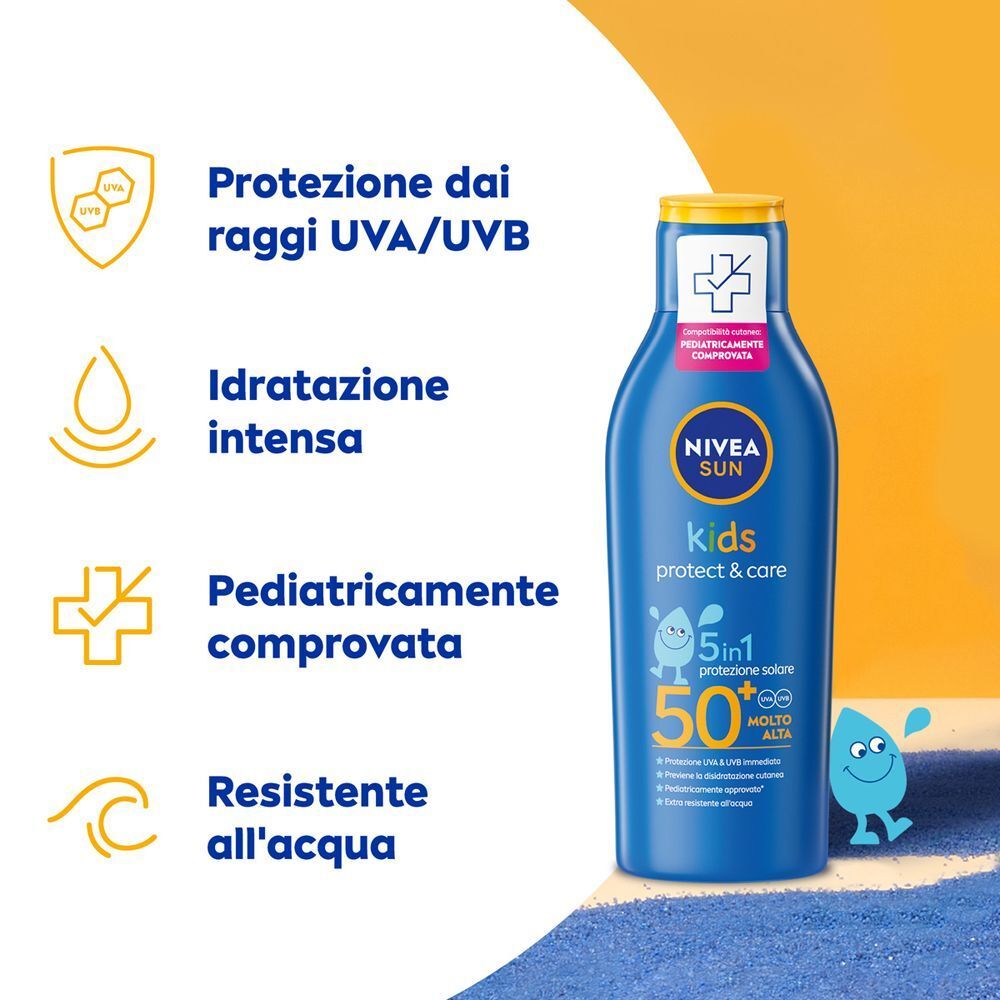 Flacone di Nivea Sun Latte Solare Kids SPF 50+ con icone per protezione UVA/UVB, idratazione, compatibilità pediatrica, resistenza all'acqua.